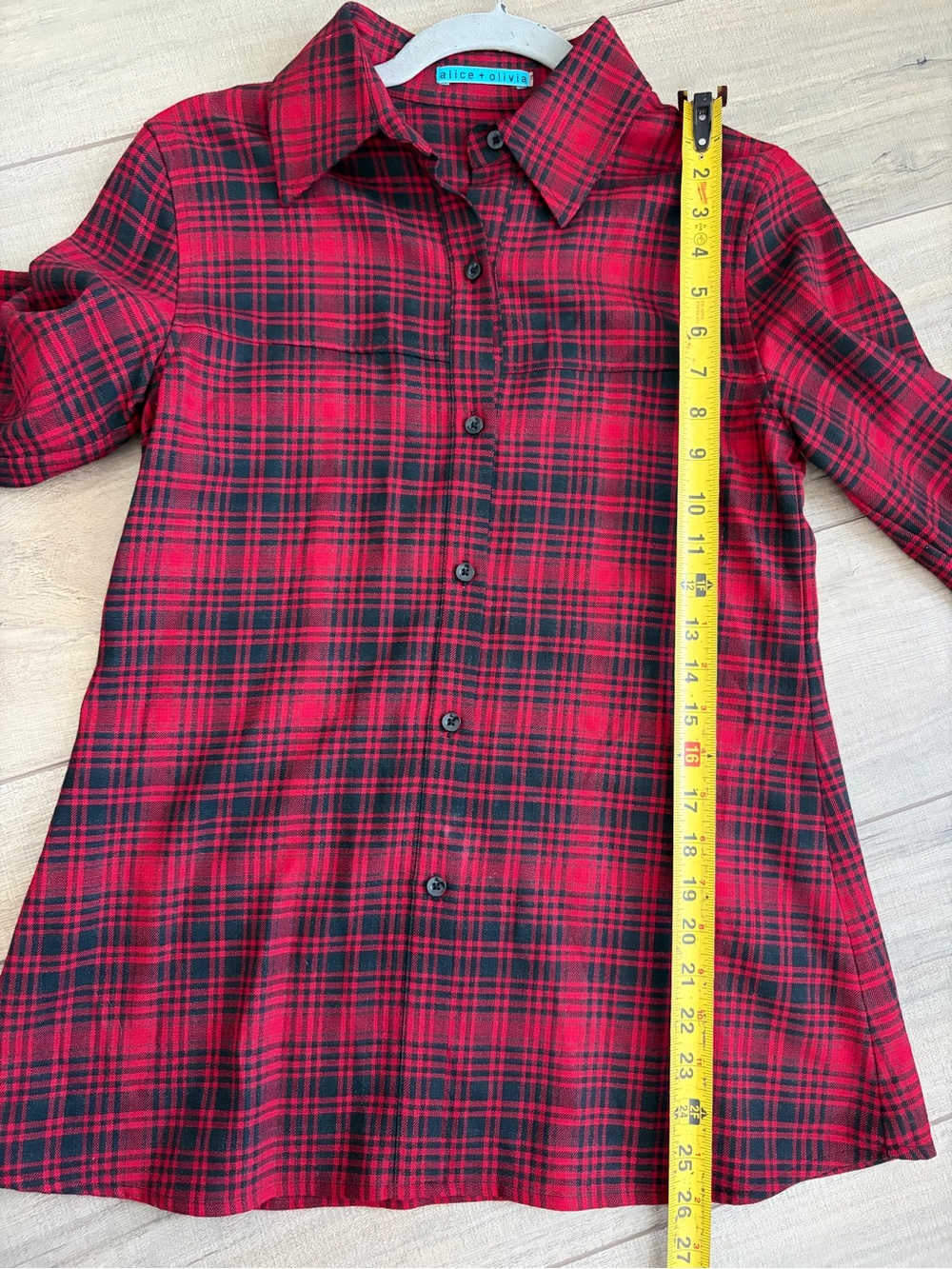 Vintage Alice + Olivia Red Black Plaid Wool Viscose Flounce Sleeve Fall Top S - Picture 7 of 7